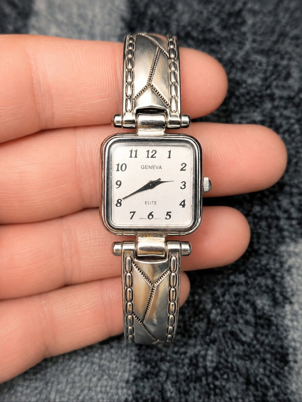 Vintage Geneva Elite Silver Cuff Watch Square Face Y2K Art Deco Quartz CC